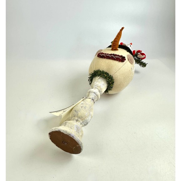 Vintage Whimsical Handmade Snowman Head On A Wooden Candlestick With Candy Canes - Picture 6 of 12